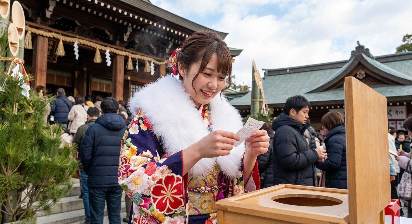 おみくじを結ぶ様子