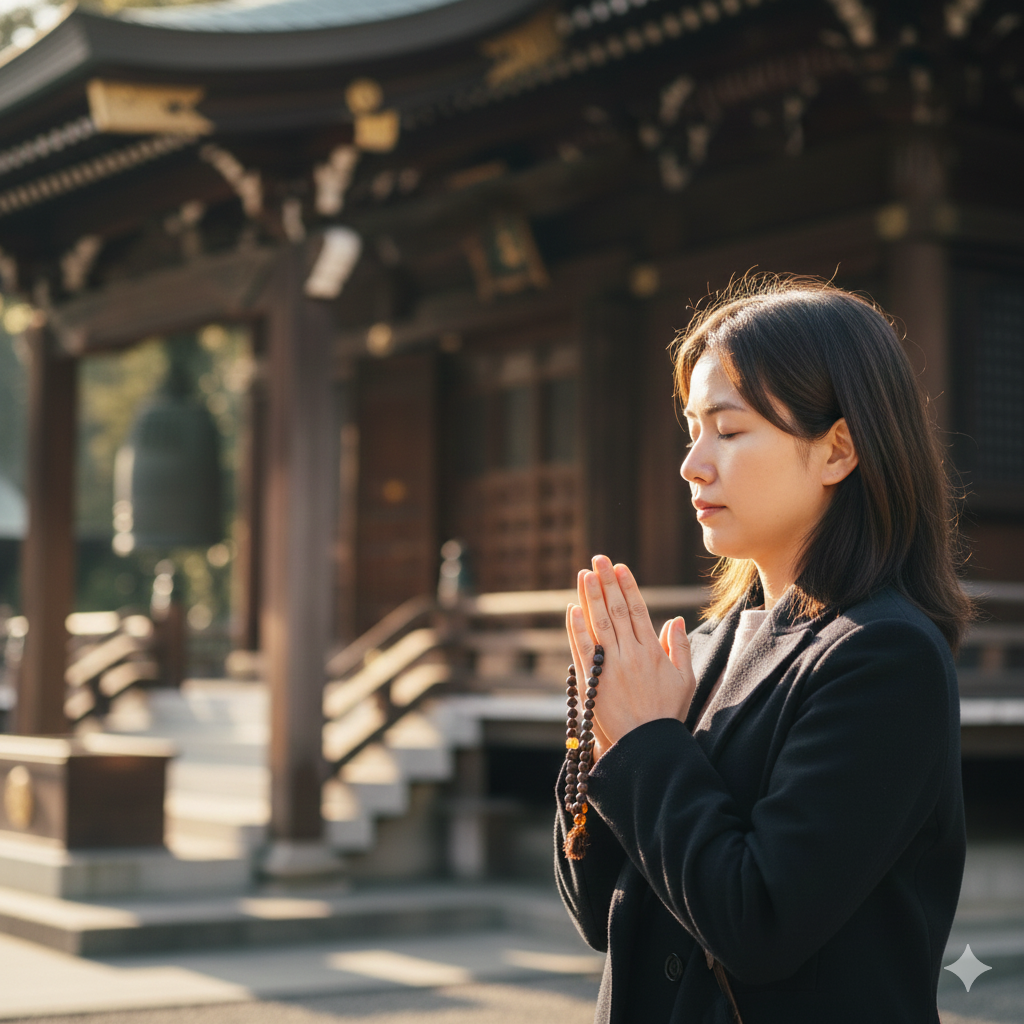 本堂前で合掌する様子